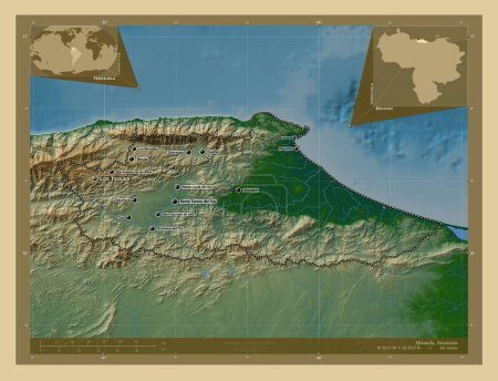 Foto de Miranda, estado de Venezuela. Mapa de elevación de colores con lagos y ríos. Ubicaciones y nombres de las principales ciudades de la región. Mapas de ubicación auxiliares de esquina - Imagen libre de derechos