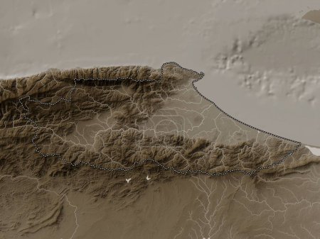 Photo for Miranda, state of Venezuela. Elevation map colored in sepia tones with lakes and rivers - Royalty Free Image