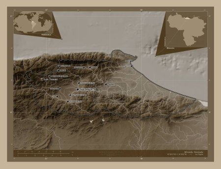Foto de Miranda, estado de Venezuela. Mapa de elevación coloreado en tonos sepia con lagos y ríos. Ubicaciones y nombres de las principales ciudades de la región. Mapas de ubicación auxiliares de esquina - Imagen libre de derechos