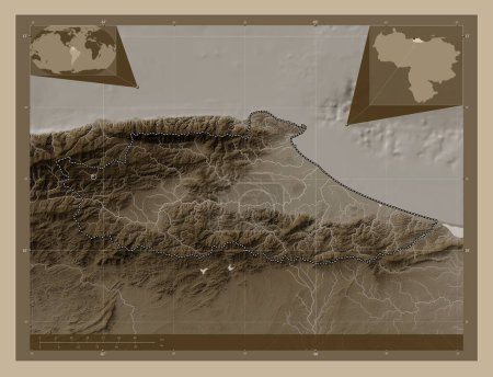 Photo for Miranda, state of Venezuela. Elevation map colored in sepia tones with lakes and rivers. Corner auxiliary location maps - Royalty Free Image