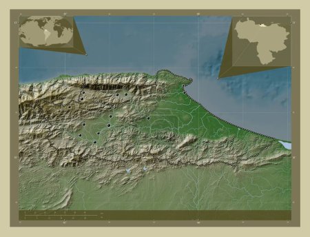 Foto de Miranda, estado de Venezuela. Mapa de elevación coloreado en estilo wiki con lagos y ríos. Ubicaciones de las principales ciudades de la región. Mapas de ubicación auxiliares de esquina - Imagen libre de derechos