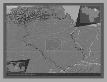 Foto de Monagas, estado de Venezuela. Mapa de elevación de Bilevel con lagos y ríos. Mapas de ubicación auxiliares de esquina - Imagen libre de derechos