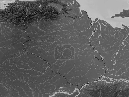 Téléchargez les photos : Monagas, État du Venezuela. Carte d'altitude en niveaux de gris avec lacs et rivières - en image libre de droit