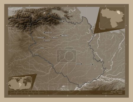 Téléchargez les photos : Monagas, État du Venezuela. Carte d'altitude colorée dans des tons sépia avec des lacs et des rivières. Emplacements et noms des grandes villes de la région. Corner cartes de localisation auxiliaires - en image libre de droit