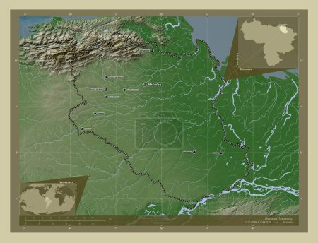 Téléchargez les photos : Monagas, État du Venezuela. Carte d'altitude colorée dans le style wiki avec des lacs et des rivières. Emplacements et noms des grandes villes de la région. Corner cartes de localisation auxiliaires - en image libre de droit