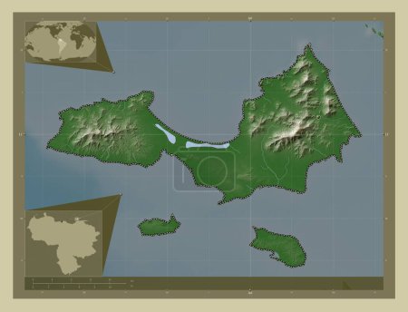 Foto de Nueva Esparta, estado de Venezuela. Mapa de elevación coloreado en estilo wiki con lagos y ríos. Mapas de ubicación auxiliares de esquina - Imagen libre de derechos