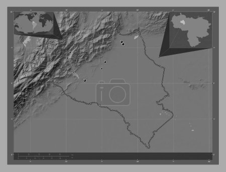 Foto de Portuguesa, estado de Venezuela. Mapa de elevación de Bilevel con lagos y ríos. Ubicaciones de las principales ciudades de la región. Mapas de ubicación auxiliares de esquina - Imagen libre de derechos