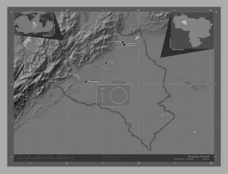Téléchargez les photos : Portuguesa, État du Venezuela. Carte d'altitude de Bilevel avec lacs et rivières. Emplacements et noms des grandes villes de la région. Corner cartes de localisation auxiliaires - en image libre de droit