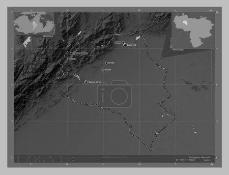 Foto de Portuguesa, estado de Venezuela. Mapa de elevación a escala de grises con lagos y ríos. Ubicaciones y nombres de las principales ciudades de la región. Mapas de ubicación auxiliares de esquina - Imagen libre de derechos