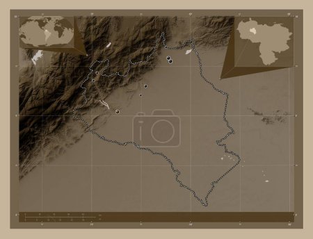 Foto de Portuguesa, estado de Venezuela. Mapa de elevación coloreado en tonos sepia con lagos y ríos. Ubicaciones de las principales ciudades de la región. Mapas de ubicación auxiliares de esquina - Imagen libre de derechos