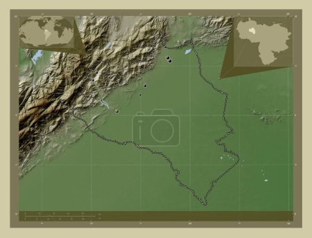 Foto de Portuguesa, estado de Venezuela. Mapa de elevación coloreado en estilo wiki con lagos y ríos. Ubicaciones de las principales ciudades de la región. Mapas de ubicación auxiliares de esquina - Imagen libre de derechos
