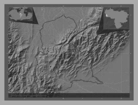 Foto de Tachira, estado de Venezuela. Mapa de elevación de Bilevel con lagos y ríos. Ubicaciones de las principales ciudades de la región. Mapas de ubicación auxiliares de esquina - Imagen libre de derechos