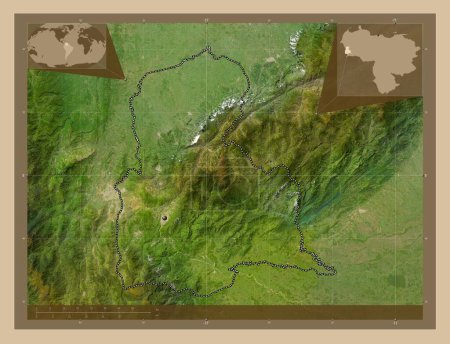 Foto de Tachira, estado de Venezuela. Mapa satelital de baja resolución. Mapas de ubicación auxiliares de esquina - Imagen libre de derechos