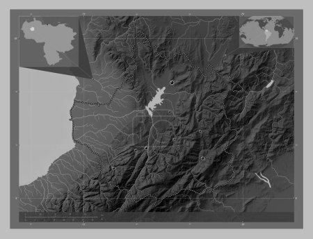 Foto de Trujillo, estado de Venezuela. Mapa de elevación a escala de grises con lagos y ríos. Ubicaciones de las principales ciudades de la región. Mapas de ubicación auxiliares de esquina - Imagen libre de derechos
