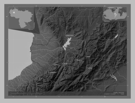 Foto de Trujillo, estado de Venezuela. Mapa de elevación a escala de grises con lagos y ríos. Ubicaciones y nombres de las principales ciudades de la región. Mapas de ubicación auxiliares de esquina - Imagen libre de derechos