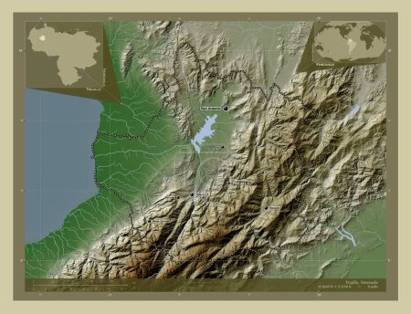 Foto de Trujillo, estado de Venezuela. Mapa de elevación coloreado en estilo wiki con lagos y ríos. Ubicaciones y nombres de las principales ciudades de la región. Mapas de ubicación auxiliares de esquina - Imagen libre de derechos