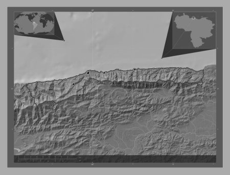 Photo for Vargas, state of Venezuela. Bilevel elevation map with lakes and rivers. Locations of major cities of the region. Corner auxiliary location maps - Royalty Free Image