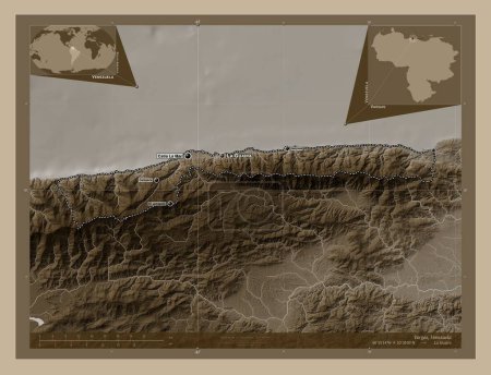 Téléchargez les photos : Vargas, État du Venezuela. Carte d'altitude colorée dans des tons sépia avec des lacs et des rivières. Emplacements et noms des grandes villes de la région. Corner cartes de localisation auxiliaires - en image libre de droit
