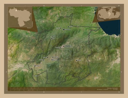 Foto de Yaracuy, estado de Venezuela. Mapa satelital de baja resolución. Ubicaciones y nombres de las principales ciudades de la región. Mapas de ubicación auxiliares de esquina - Imagen libre de derechos