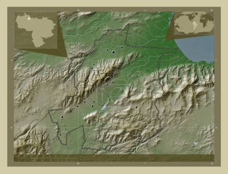 Foto de Yaracuy, estado de Venezuela. Mapa de elevación coloreado en estilo wiki con lagos y ríos. Ubicaciones de las principales ciudades de la región. Mapas de ubicación auxiliares de esquina - Imagen libre de derechos