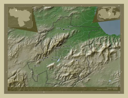 Foto de Yaracuy, estado de Venezuela. Mapa de elevación coloreado en estilo wiki con lagos y ríos. Ubicaciones y nombres de las principales ciudades de la región. Mapas de ubicación auxiliares de esquina - Imagen libre de derechos
