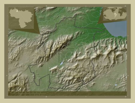 Téléchargez les photos : Yaracuy, État du Venezuela. Carte d'altitude colorée dans le style wiki avec des lacs et des rivières. Corner cartes de localisation auxiliaires - en image libre de droit