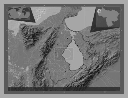 Foto de Zulia, estado de Venezuela. Mapa de elevación de Bilevel con lagos y ríos. Ubicaciones de las principales ciudades de la región. Mapas de ubicación auxiliares de esquina - Imagen libre de derechos