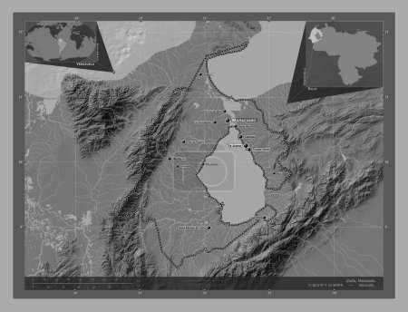 Photo for Zulia, state of Venezuela. Bilevel elevation map with lakes and rivers. Locations and names of major cities of the region. Corner auxiliary location maps - Royalty Free Image