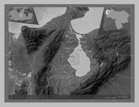 Photo for Zulia, state of Venezuela. Grayscale elevation map with lakes and rivers. Locations and names of major cities of the region. Corner auxiliary location maps - Royalty Free Image