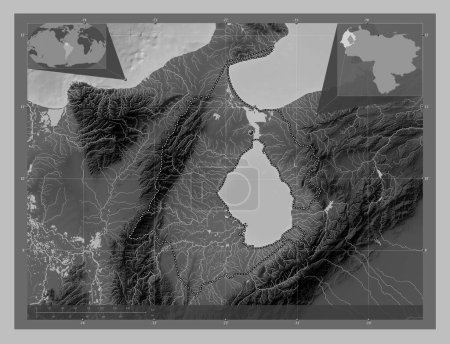 Foto de Zulia, estado de Venezuela. Mapa de elevación a escala de grises con lagos y ríos. Mapas de ubicación auxiliares de esquina - Imagen libre de derechos