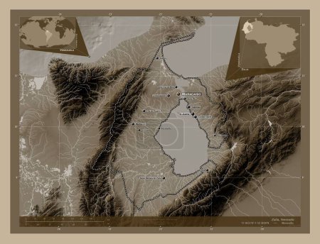 Foto de Zulia, estado de Venezuela. Mapa de elevación coloreado en tonos sepia con lagos y ríos. Ubicaciones y nombres de las principales ciudades de la región. Mapas de ubicación auxiliares de esquina - Imagen libre de derechos