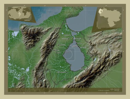 Foto de Zulia, estado de Venezuela. Mapa de elevación coloreado en estilo wiki con lagos y ríos. Ubicaciones y nombres de las principales ciudades de la región. Mapas de ubicación auxiliares de esquina - Imagen libre de derechos