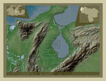 Foto de Zulia, estado de Venezuela. Mapa de elevación coloreado en estilo wiki con lagos y ríos. Mapas de ubicación auxiliares de esquina - Imagen libre de derechos
