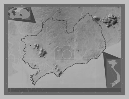 Photo for Ba Ria - Vung Tau, province of Vietnam. Grayscale elevation map with lakes and rivers. Locations of major cities of the region. Corner auxiliary location maps - Royalty Free Image