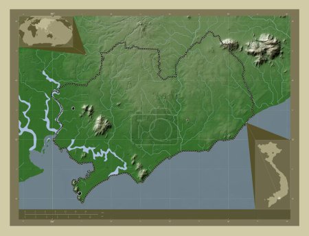 Téléchargez les photos : Ba Ria - Vung Tau, province du Vietnam. Carte d'altitude colorée dans le style wiki avec des lacs et des rivières. Emplacements des grandes villes de la région. Corner cartes de localisation auxiliaires - en image libre de droit