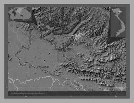 Téléchargez les photos : Bac Giang, province du Vietnam. Carte d'altitude de Bilevel avec lacs et rivières. Emplacements des grandes villes de la région. Corner cartes de localisation auxiliaires - en image libre de droit