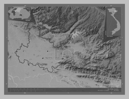 Téléchargez les photos : Bac Giang, province du Vietnam. Carte d'altitude en niveaux de gris avec lacs et rivières. Emplacements et noms des grandes villes de la région. Corner cartes de localisation auxiliaires - en image libre de droit