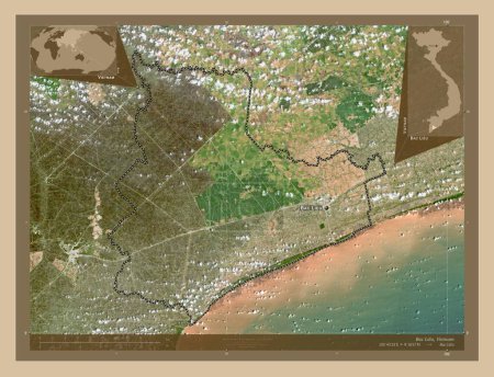Photo for Bac Lieu, province of Vietnam. Low resolution satellite map. Locations and names of major cities of the region. Corner auxiliary location maps - Royalty Free Image