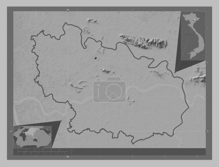 Photo for Bac Ninh, province of Vietnam. Grayscale elevation map with lakes and rivers. Corner auxiliary location maps - Royalty Free Image
