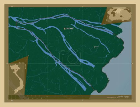 Téléchargez les photos : Ben Tre, province du Vietnam. Carte d'altitude colorée avec lacs et rivières. Emplacements et noms des grandes villes de la région. Corner cartes de localisation auxiliaires - en image libre de droit