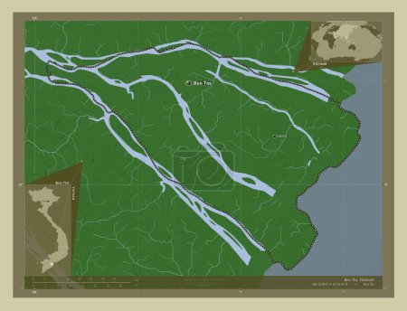 Téléchargez les photos : Ben Tre, province du Vietnam. Carte d'altitude colorée dans le style wiki avec des lacs et des rivières. Emplacements et noms des grandes villes de la région. Corner cartes de localisation auxiliaires - en image libre de droit