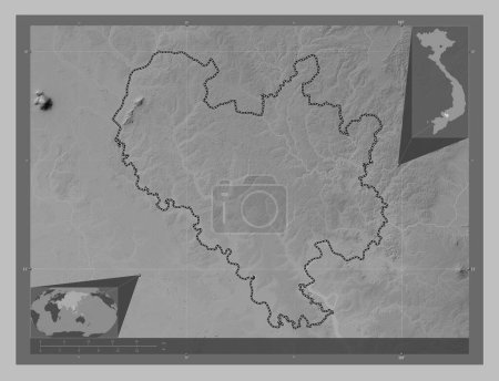 Photo for Binh Duong, province of Vietnam. Grayscale elevation map with lakes and rivers. Locations of major cities of the region. Corner auxiliary location maps - Royalty Free Image