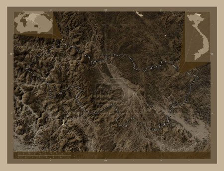 Photo for Cao Bang, province of Vietnam. Elevation map colored in sepia tones with lakes and rivers. Corner auxiliary location maps - Royalty Free Image