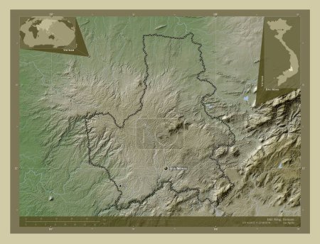 Photo for Ak Nong, province of Vietnam. Elevation map colored in wiki style with lakes and rivers. Locations and names of major cities of the region. Corner auxiliary location maps - Royalty Free Image