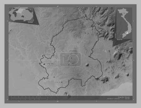 Photo for Ong Nai, province of Vietnam. Grayscale elevation map with lakes and rivers. Locations and names of major cities of the region. Corner auxiliary location maps - Royalty Free Image