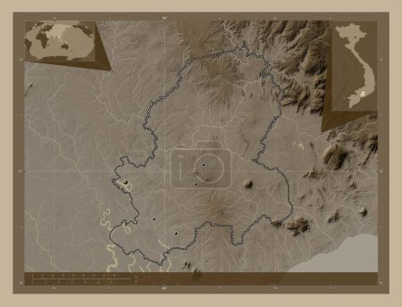 Photo for Ong Nai, province of Vietnam. Elevation map colored in sepia tones with lakes and rivers. Locations of major cities of the region. Corner auxiliary location maps - Royalty Free Image