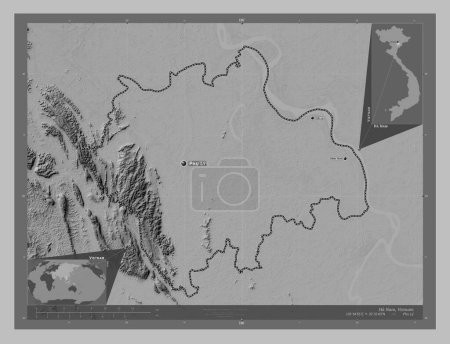Foto de Ha Nam, provincia de Vietnam. Mapa de elevación a escala de grises con lagos y ríos. Ubicaciones y nombres de las principales ciudades de la región. Mapas de ubicación auxiliares de esquina - Imagen libre de derechos