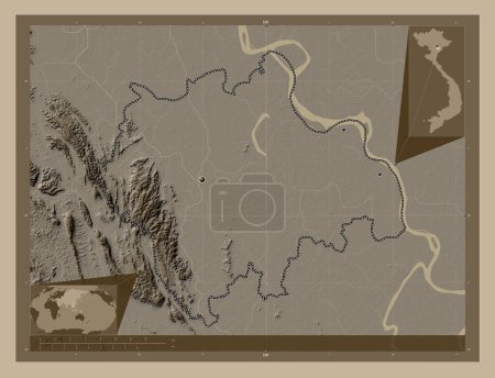 Photo for Ha Nam, province of Vietnam. Elevation map colored in sepia tones with lakes and rivers. Locations of major cities of the region. Corner auxiliary location maps - Royalty Free Image
