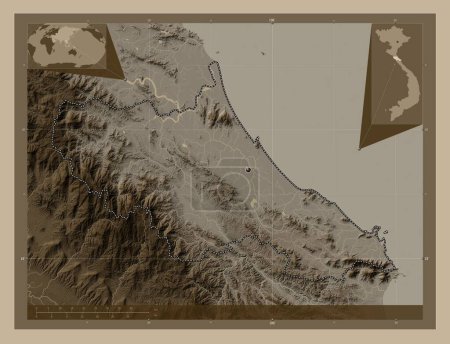 Photo for Ha Tinh, province of Vietnam. Elevation map colored in sepia tones with lakes and rivers. Corner auxiliary location maps - Royalty Free Image