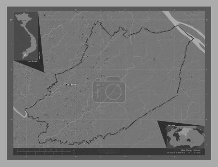 Téléchargez les photos : Hau Giang, province du Vietnam. Carte d'altitude de Bilevel avec lacs et rivières. Emplacements et noms des grandes villes de la région. Corner cartes de localisation auxiliaires - en image libre de droit